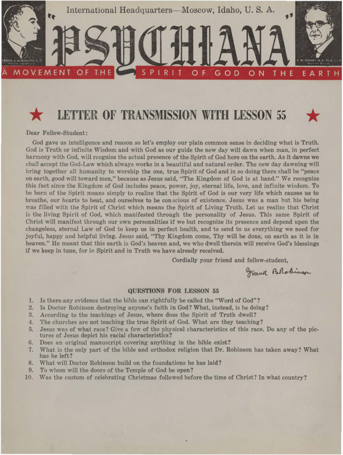 A form letter from Frank B. Robinson with lesson fifty-five. Robinson asks students to employ reason when considering the Truth about God. He goes on to elaborate on the Truth.