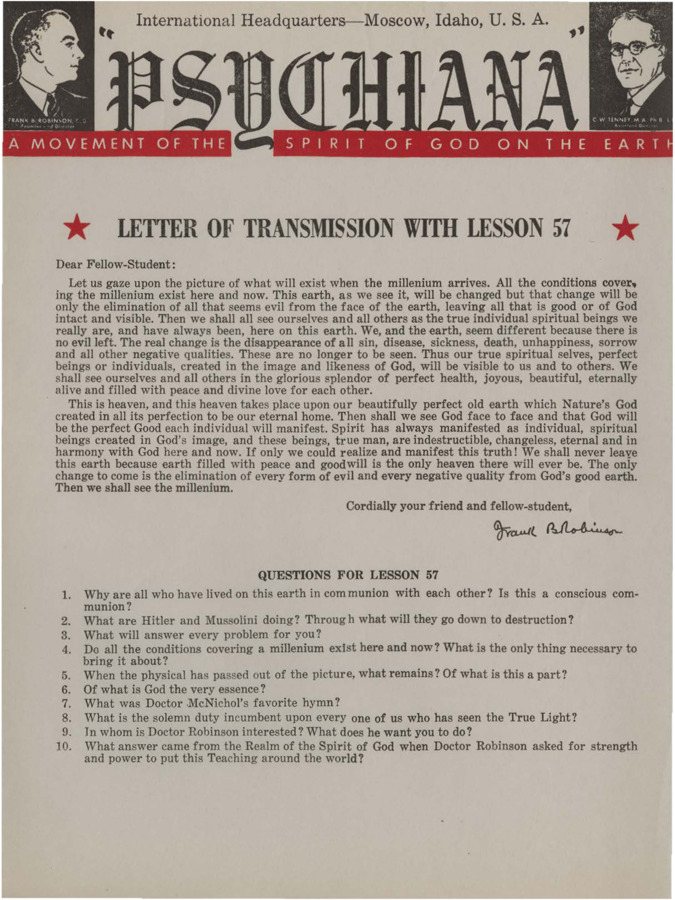 A form letter from Frank B. Robinson with lesson fifty-seven. Robinson tells how the millennium will bring about the elimination of evil from the face of the earth.