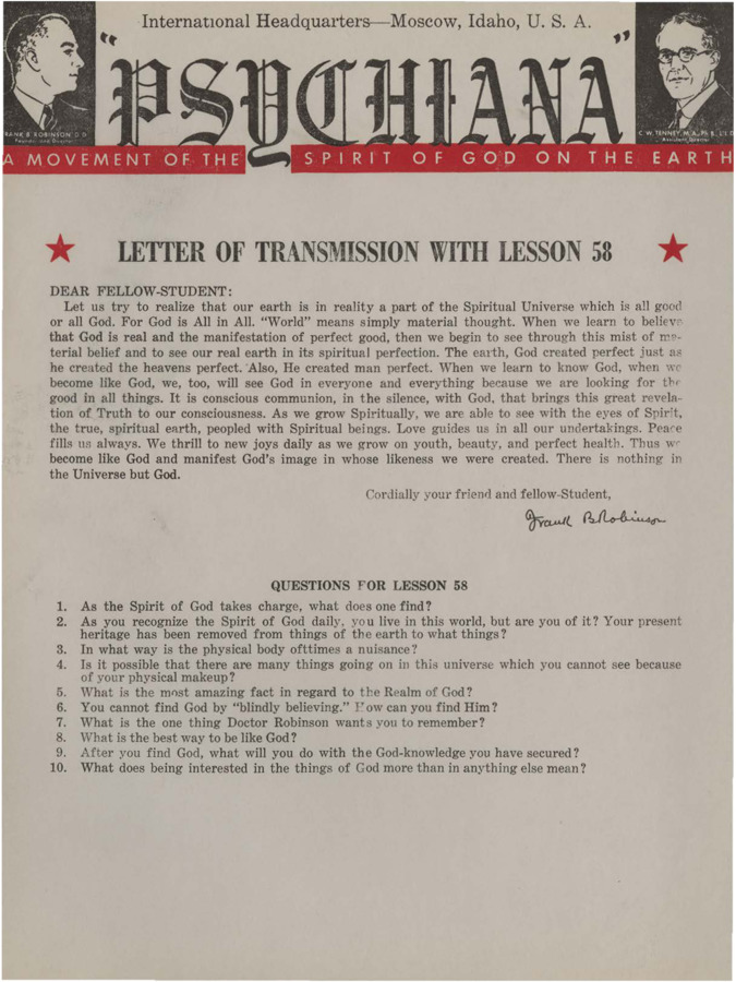 A form letter from Frank B. Robinson with lesson fifty-eight. Robinson tells his students to grow Spiritually.