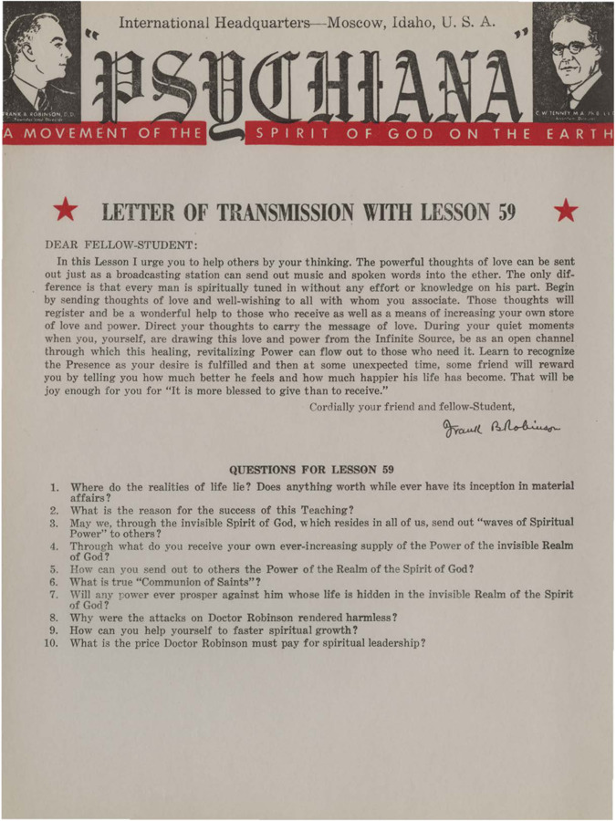 A form letter from Frank B. Robinson with lesson fifty-nine. Robinson urges students to think thoughts of love and wait for love to come back to you.