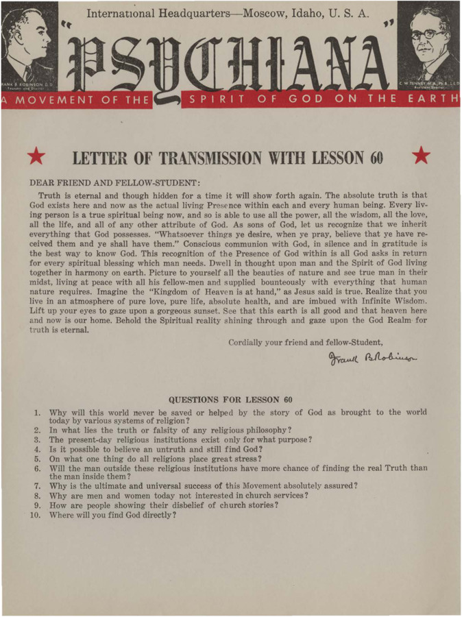 A form letter from Frank B. Robinson with lesson sixty. Robinson tells of the absolute truth in God's existence.