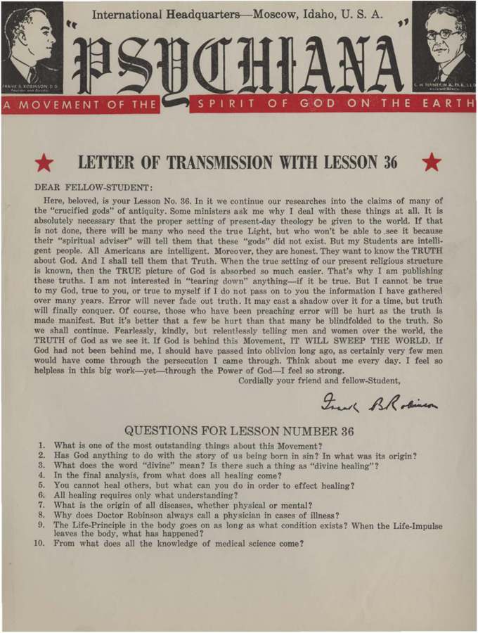 A form letter from Frank B. Robinson with lesson thirty-six. Robinson says that the of truth of his teachings will continue long after he is dead and gone.