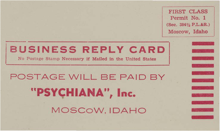 A postage-paid, business reply card addressed to Psychiana headquarters.