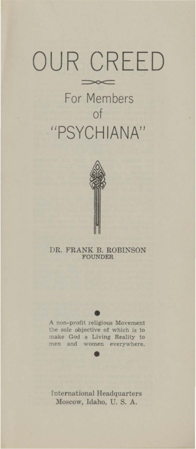 Pamphlet with an illustration of a person extending their hands to the sun inside includes a creed of 13 verses detailing the beliefs of Psychiana followers.