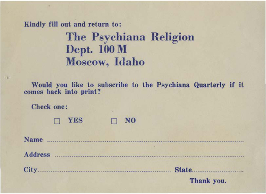 Postcard inquiring if there is sufficient interest in bringing back Psychiana Quarterly.