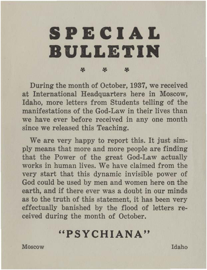 A news bulletin reports the success of the God-Law. October 1937 broke the record for incoming mail of the student's success with the God-Law.