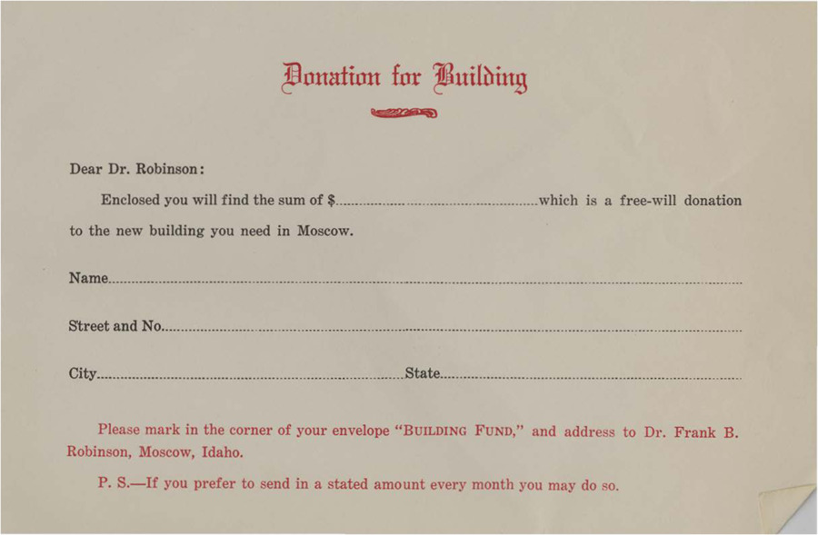 Frank B. Robinson's building donation card.
