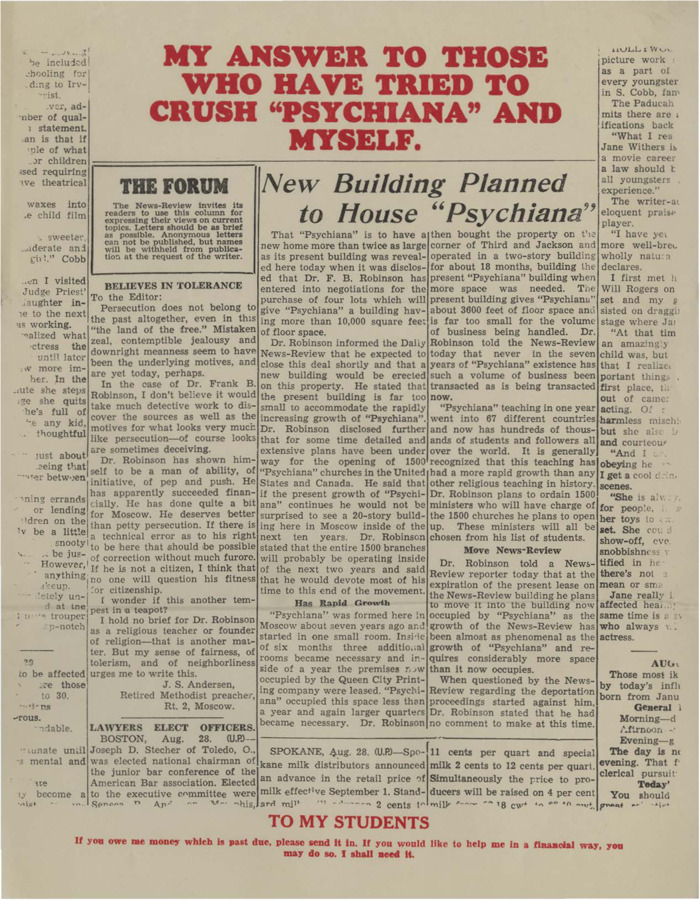 Frank B. Robinson sent a copy of the newspaper article about Psychiana's new building along with a notice to his students to meet their financial obligations to the movement.