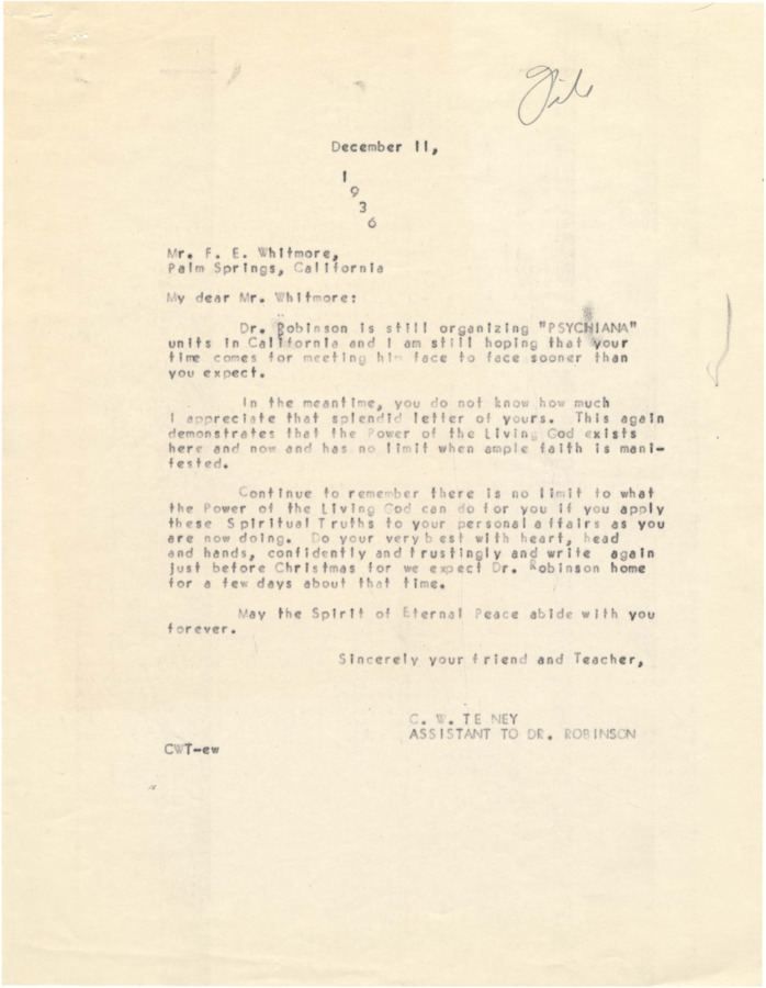 Correspondence includes a letter in which Psychiana student reports his fear of getting laid off at work, but then not getting laid off and actually becoming the 'owner of the job'. He notes she didn't have to 'bump' anyone to get it and states that Robinson's writing provides him with courage and hope. Robinson responds with a brief letter.