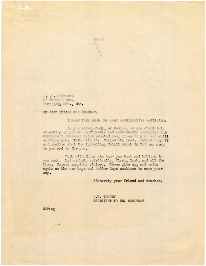 Correspondence includes a letter in which Psychiana student corrects Robinson's misusage of the events of the life of Saint Paul in Psychiana literature. The student explains that his confidence in Robinson's interpretation of the Bible has been shaken. Robinson's letter in response thanks this student for the constructive criticism.