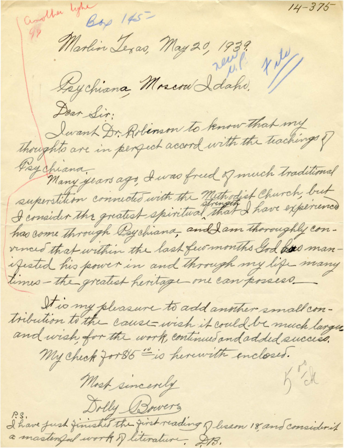 Correspondence includes a letter in which Psychiana student expresses she feels free of the 'superstition connected with the Methodist Church' and claims God has manifested in her life in recent months. She includes a donation of $5.00, which is recorded at the top by the recipient as with all donations enclosed in Psychiana mail.