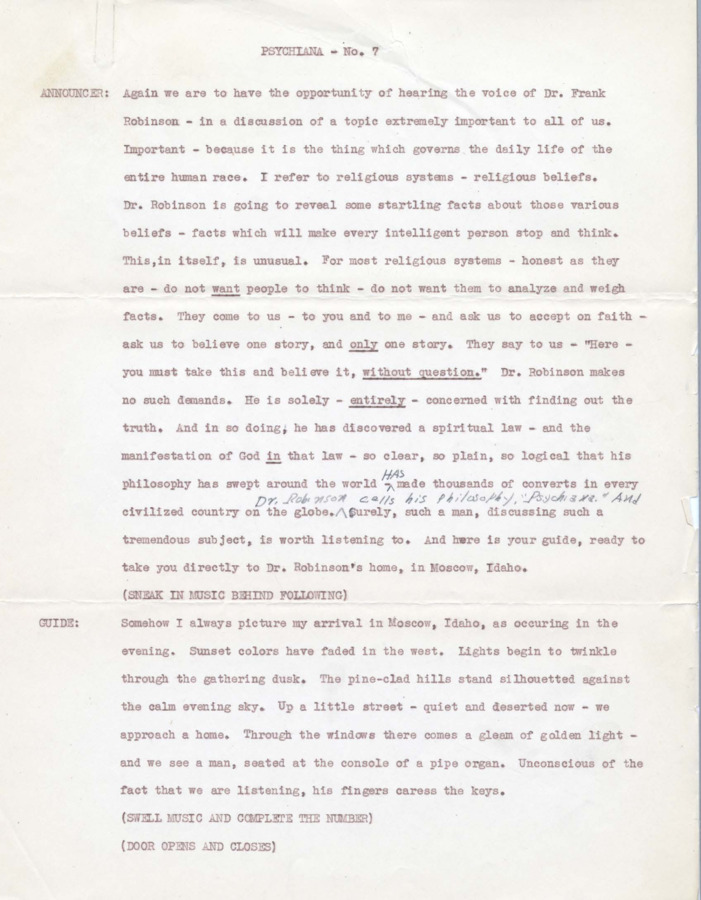 Transcript of a fifteen minute radio broadcast. Like 'Flashes of Truth' transcript begins with 'guide' asking Robinson about the religious notion of sin, or the fall of man, and Robinson renounces these concepts, using the opportunity to talk about the origin of Christian and pagan myths that have no basis in fact.