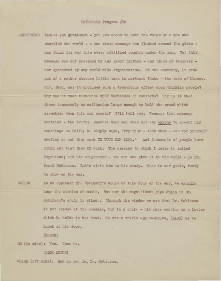 Transcript of a 15 minute radio broadcast. Like 'Flashes of Truth' transcript begins with a 'guide' asking Robinson questions about a book he is writing, entitled The Number of the Beast (later called Number of the Beast 666). Robinson also discusses a letter from someone accusing him of corrupting the faith of children.
