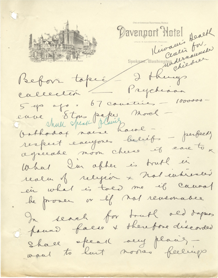 Four unrelated, single-page documents with facts, lists, data, and quotes compiled for various reasons. Page 1 includes handwritten notes on letterhead from Davenport Hotel in Spokane, Washington, including facts about Psychiana, someone's plight to offer the truth about religion, and random phrases like 'agreeable moon cheese.' Page 2 includes data about the population and amount of orthodox churches in various states, concluding that only 10% of people attend church on Sundays and only 40% are on church registers. Page 3 includes fragments of what appears to be lecture notes on the real origin of orthodox beliefs and the current turmoil and godlessness of World War II. Page 4 includes the address of Saint Germain Press in Chicago, a list of book/journal titles, and two long quotes on opportunity and the nature of resentment in the American people.