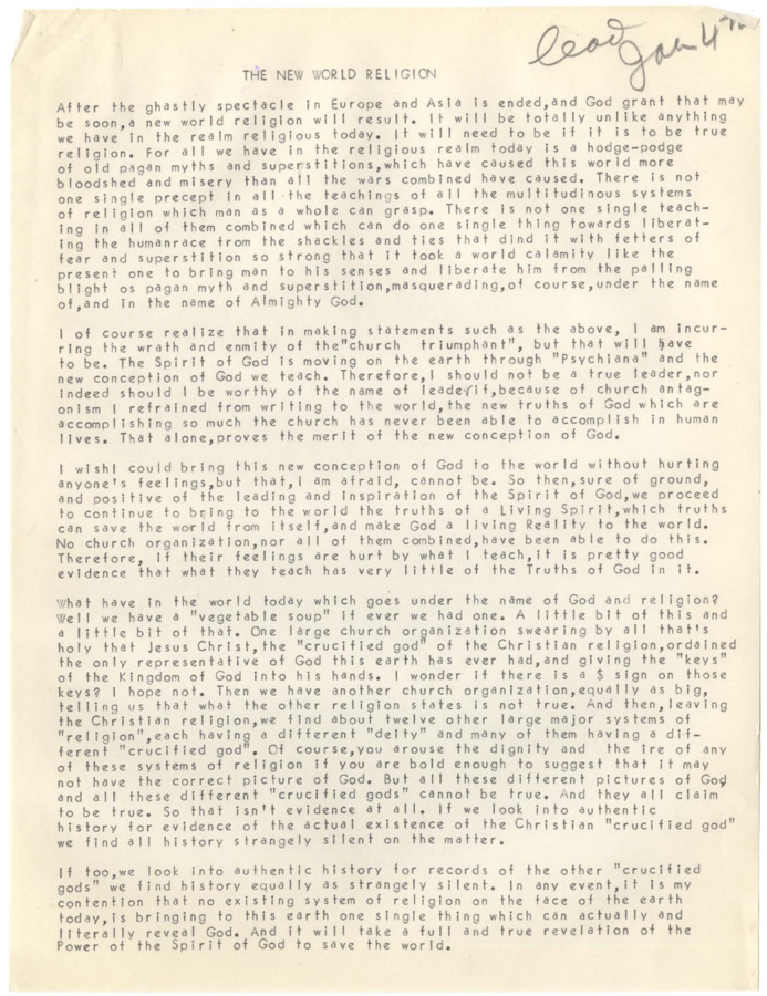 Typescript of an article discussing Robinson's claim that a new religion will come out of the all the destruction and loss in Europe and Asia in World War II. Robinson also discusses the resistance to this new religion by long established religions and criticizes these religions, namely Christianity.