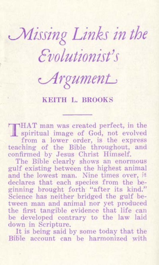 Brochure discusses the creation of man in God's image versus the theory of evolution and origin of the human race from a 'lower order.'