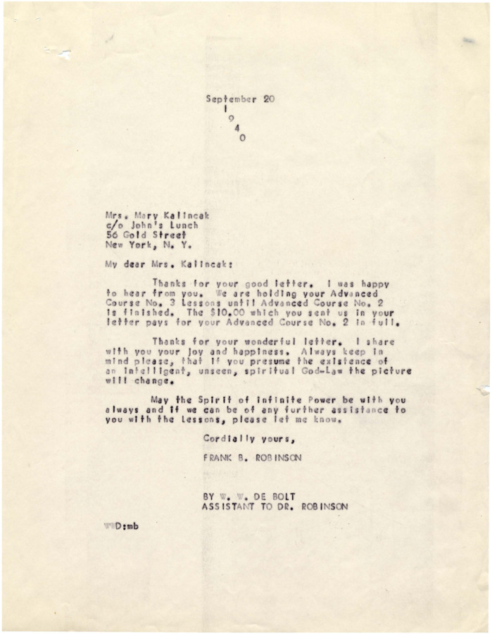 Letters exchanged between DeBolt or Robinson and students with last names beginning alphabetically K-Z discussing the exchange of Psychiana lessons, subscriptions to Psychiana publications, payment for these materials, donations, personal successes or hardships, and/or praise or dissatisfaction with Psychiana materials and teachings. Return letters address these concerns, often as form letters.