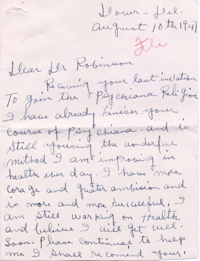 Letters exchanged between DeBolt or Robinson and students with last names beginning alphabetically R-S discussing the exchange of Psychiana lessons, subscriptions to Psychiana publications, payment for these materials, donations, personal successes or hardships, and/or praise or dissatisfaction with Psychiana materials and teachings. Return letters address these concerns, often as form letters.