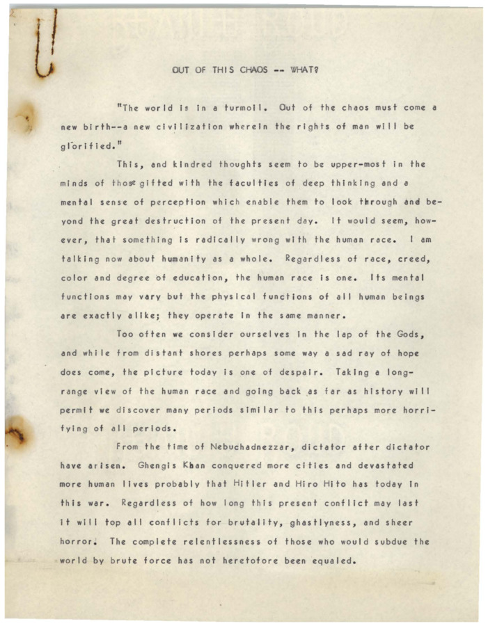 Twelve page typescript, written by Robinson during World War II, opens with the statement that a new civilization will be the result of the chaos war has created, but soon Robinson returns to his themes of the similarities between religions and ends the typescript with a description of the beginning of Psychiana.