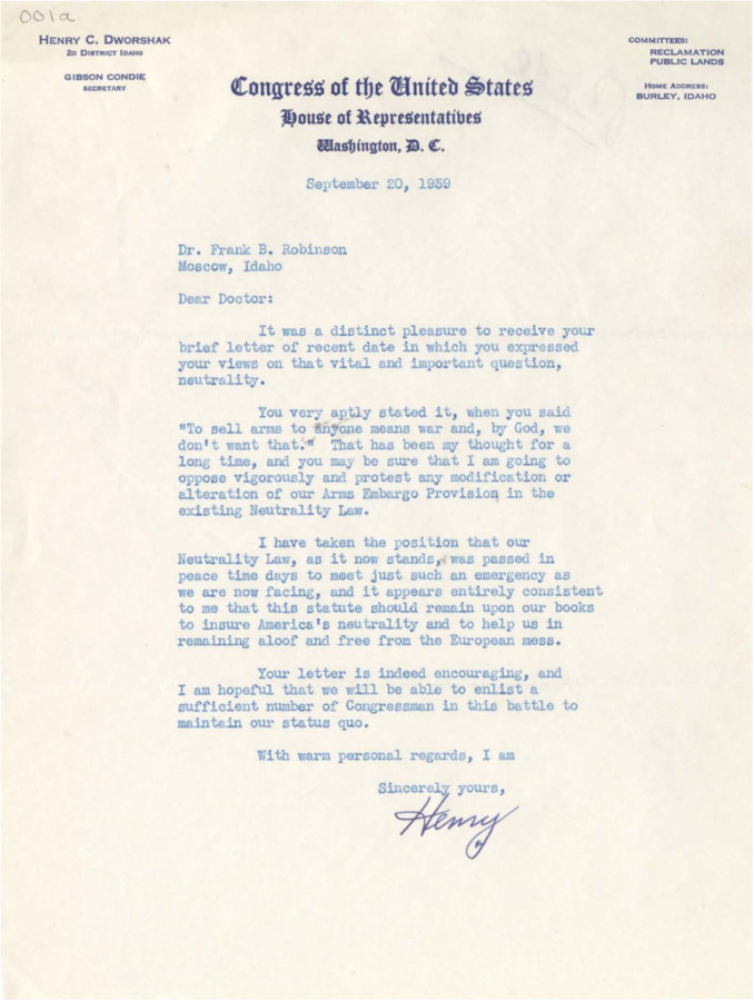 Letter on United States Congress letterhead in which Dworshak responds to a letter Robinson wrote him about selling weapons and neutrality.