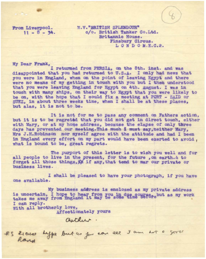 Letter mentions missing Robinson in London in August, 1934, and goes on to comment on Robinson not getting a chance in direct touch with their father.