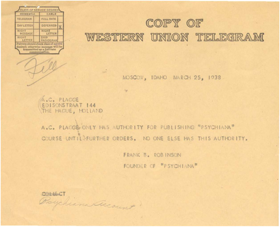 Documents include a Western Union telegram giving Plagge sole authority to publish Psychiana courses, and a letter from Plagge to Robinson notifying him that a translator is filing a lawsuit and attempting to claim Psychiana lessons in Holland as his own.