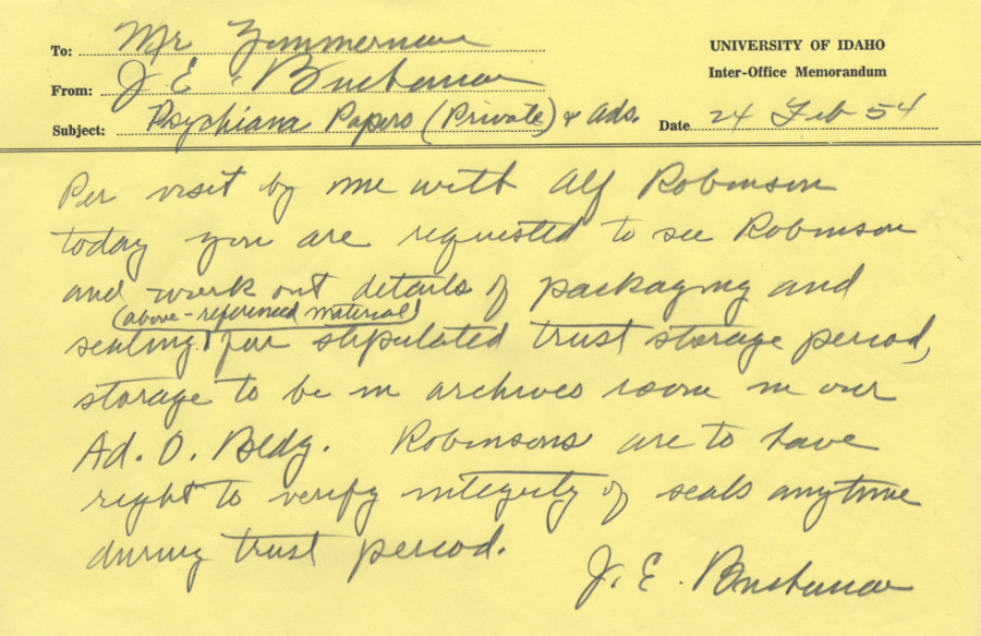 Letter authorizes Zimmerman and the University of Idaho Public Library, via the 'University Officials' to accept the gift of Robinson's private papers.