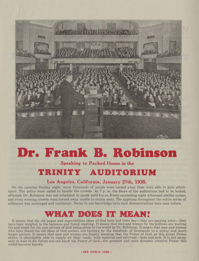A flyer announcing a Frank B. Robinson speaking engagement at Trinity Auditorium.