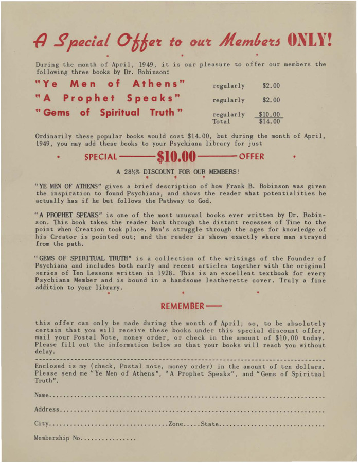 A single-page advertisement and detachable order form at the bottom. Members offered a 28 1/2% discount for three of Frank B. Robinson's books.