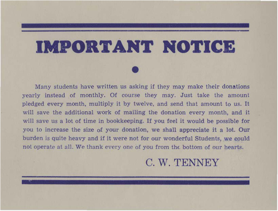Notice for donations from students. C.W. Tenney informs students that they may make their donation in a lump sum if they wish.