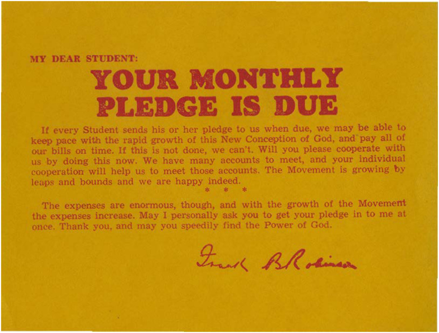 A single-page form letter ask students to send in their pledge when due.