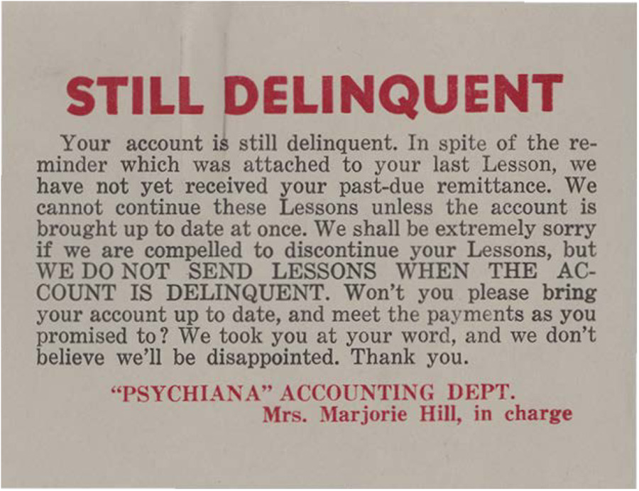Delinquent notice sent out to students. Mrs. Marjorie Hill sent out this notice when the previous reminders did not work.