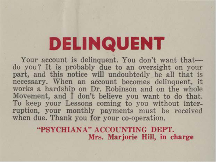Delinquent notice sent out to students. Mrs. Marjorie Hill sent out this notice to remind students to make their payments.