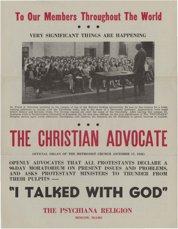 Four-page flyer from Frank B. Robinson telling about the speaking engagements he has had on University campuses as well as a write up in the Christian Advocate.
