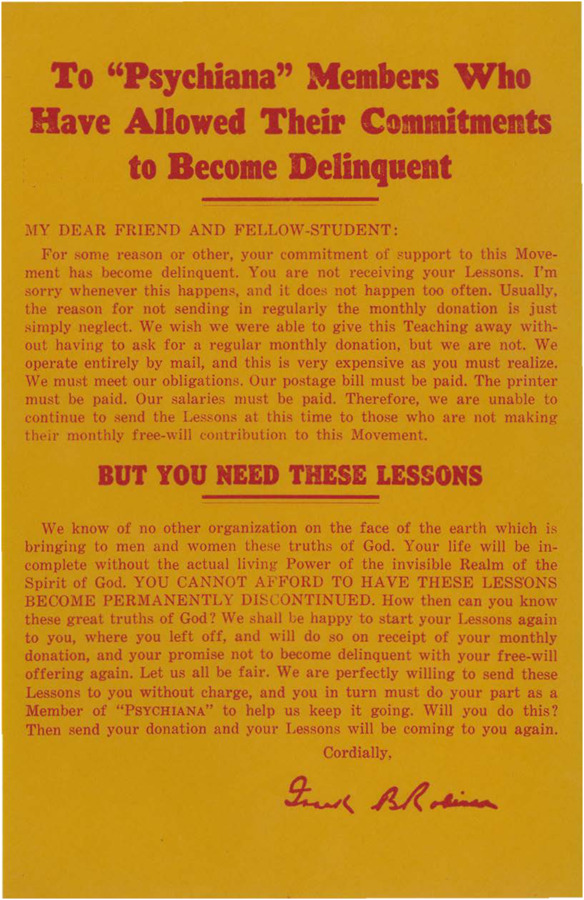 A single-page delinquent notice sent out to students. Robinson tells his students that upon receipt of their monthly donation he will restart their lessons where they left off.