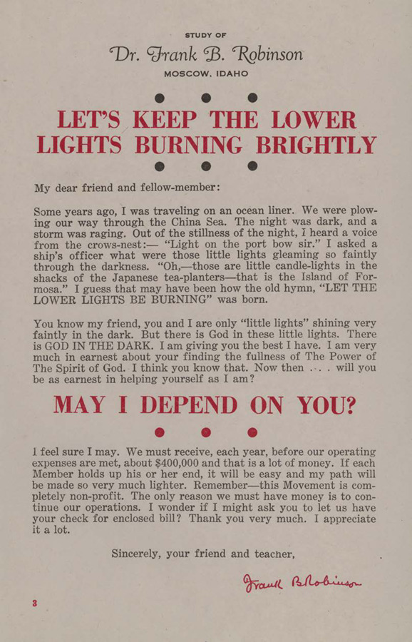 Letter sent to members requesting that they pay their bill. Robinson asks students to make their payments, to be one of the 'little lights' burning in the night.