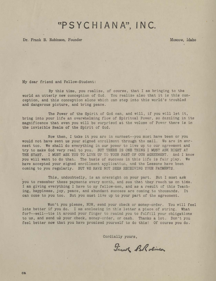 Letter sent to members requesting that they pay their bill. Robinson sends his students a piece of string to tie around their finger to remind them to fulfill their obligations and make their payments.