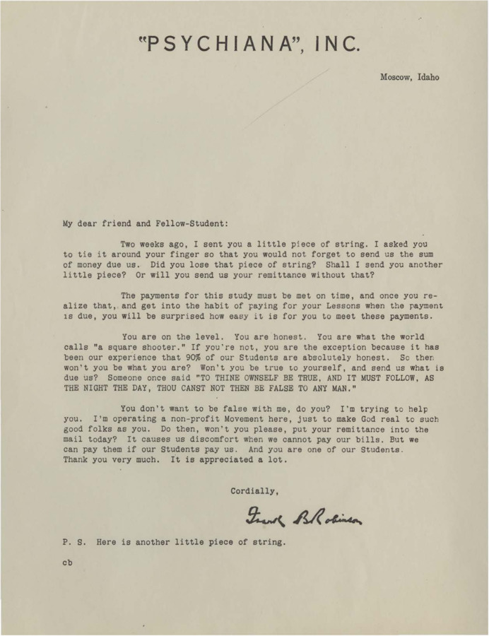 Letter sent to members requesting that they pay their bill. Robinson sends his students another piece of string to tie around their finger to remind them fulfill their obligations and make their payments.