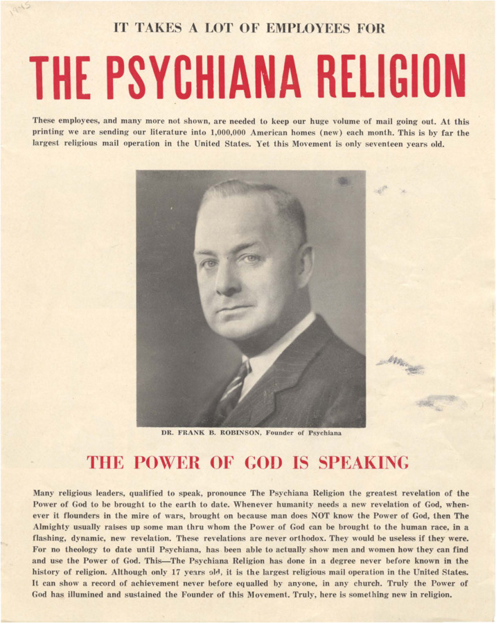 Document includes photos without names or identification of many members of the Psychiana staff, following brief description of the religion. Letter also ends with an endorsement of Robinson, Psychiana, and Psychiana advertising by James W. Brown, Sr.