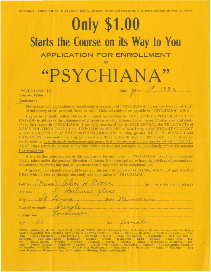 Application header reads: 'Only $1.00 Starts the Course on its Way to You'. Psychiana membership application completed by an Alice H. Boone