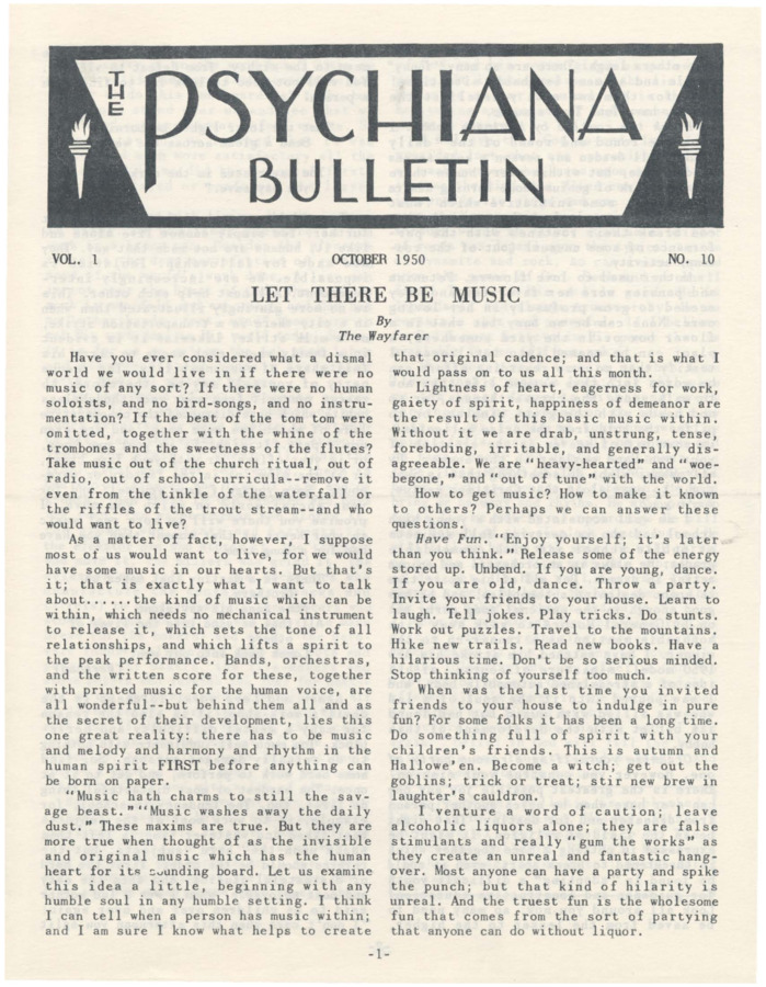 Bulletin includes a primary article that posits a world without music, what that world would be like, and offers ways to increase happiness. Another article discusses how the world has been worn down by war. Also includes stories written for children, letters from students, Q and A, and other articles.
