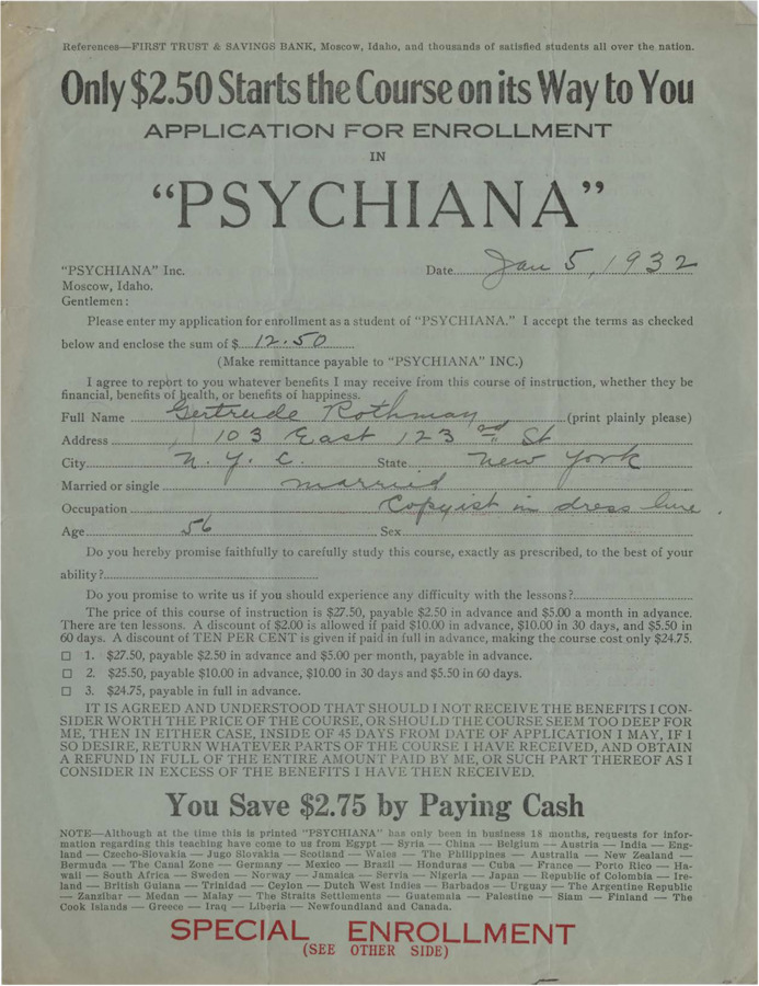 Psychiana membership application completed by a Gertrude Rothman. Membership cost reflects that different applications offered different prices during the same time period and states that members save if they pay in cash.