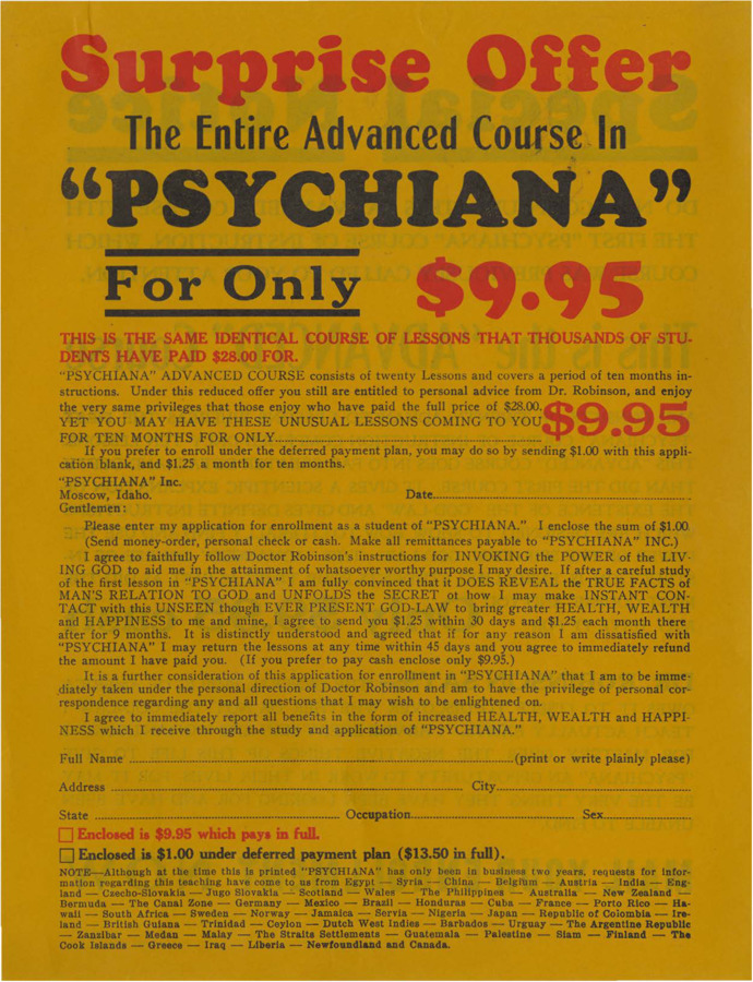 Special offers for students to purchase the 'Psychiana' courses for discounted rates if they pay cash. Reflects the varying price of special offers.