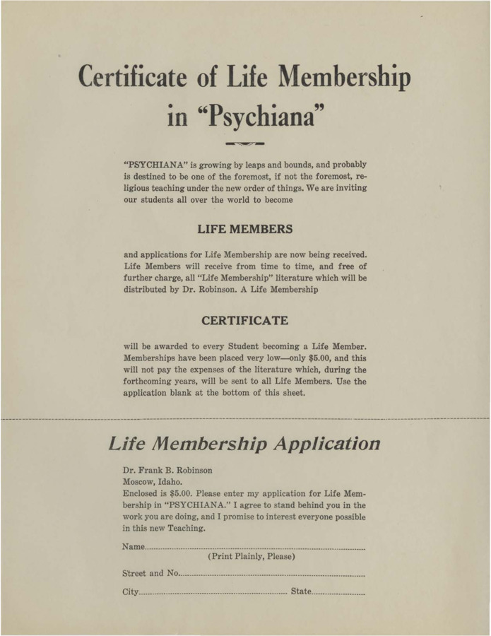Blank Application states that Psychiana is growing rapidly, and now offering life memberships which includes 'Life Membership' literature for just $5.00.
