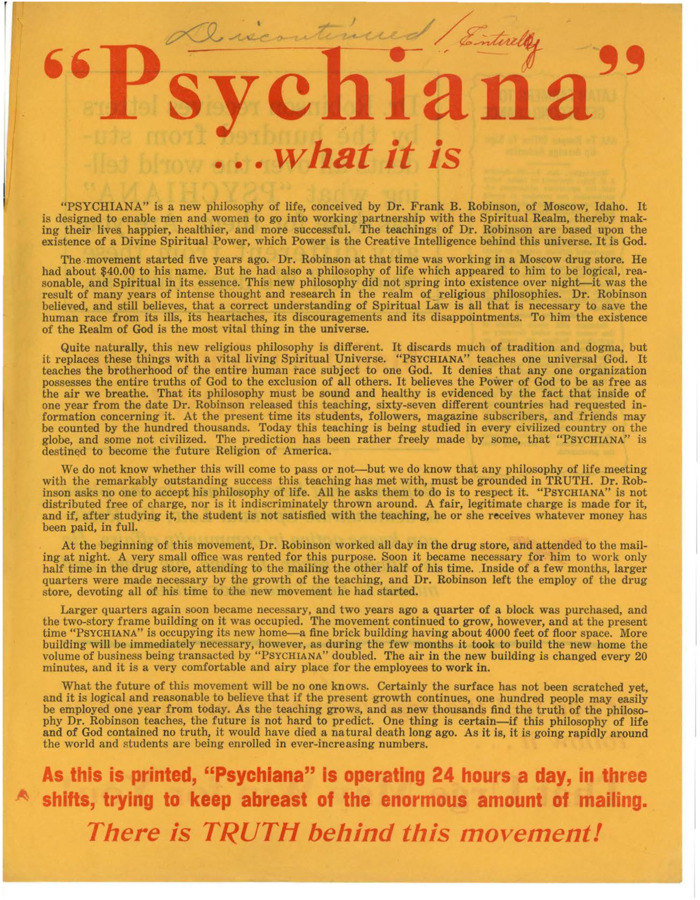 Flyer details the story of Psychiana and Robinson's life on the front. The back includes articles about Latah County farmers asking for loans and statements about how Psychiana has enriched the lives of students.