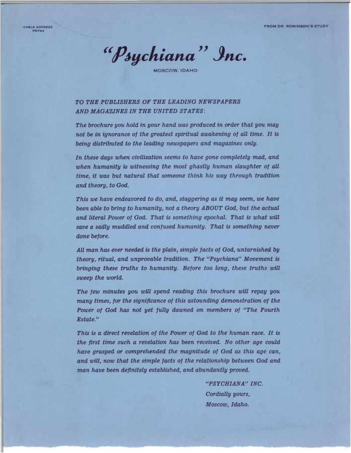 Form letter to newspapers and magazines boasting the teachings and success of Psychiana. Meant to be accompanied by a promotional brochure.