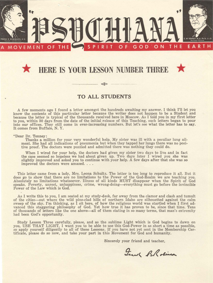 Package includes introductory letter entitled 'Here is Your Lesson Number Three - To All Students.' Letter includes testimonial from a student whose sister's illness was healed. Tenney asserts this healing is proof there is no limit to the God-Power. Lesson 3 discusses the God-Law via various examples in nature (i.e. goldfish living with water all around them).