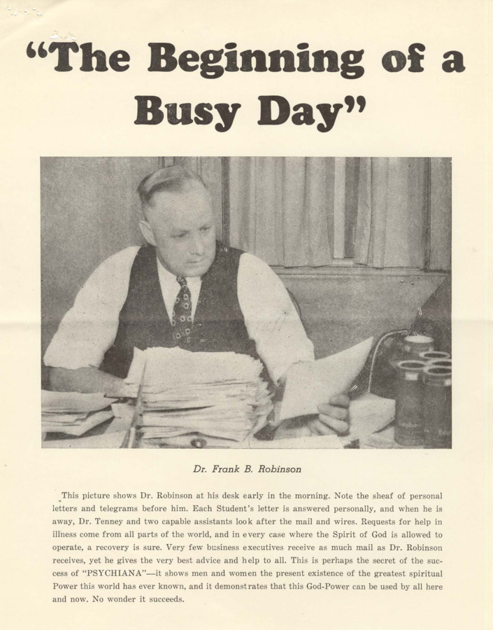 Advertisement includes photo of Robinson sitting at his desk looking through many large stacks of paper. Caption asserts that Robinson receives more letters via U.S. mail than most professionals and answers every letter with sound and solid advice personally with the help of his staff.