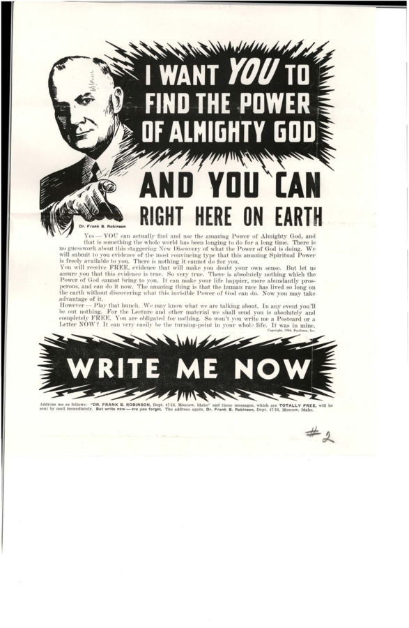 Flyer includes illustration of Robinson as iconic 'Uncle Sam' with electric bolts around title. Copy states Robinson wants 'you' to discover a Power that brings prosperity.