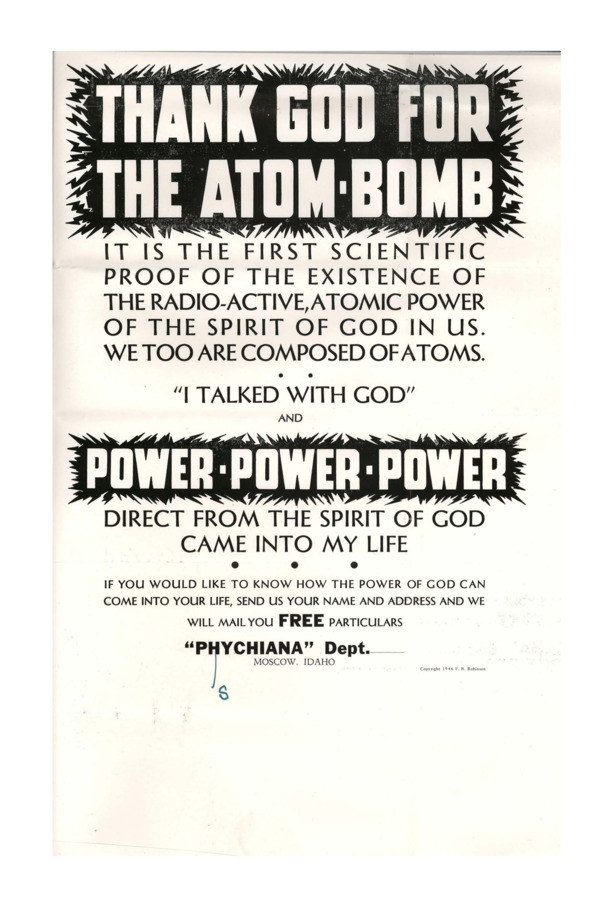 Flyer claims the atom bomb is the first scientific proof of a power that lives in people. Also claims this 'POWER POWER POWER' comes from talking to God.